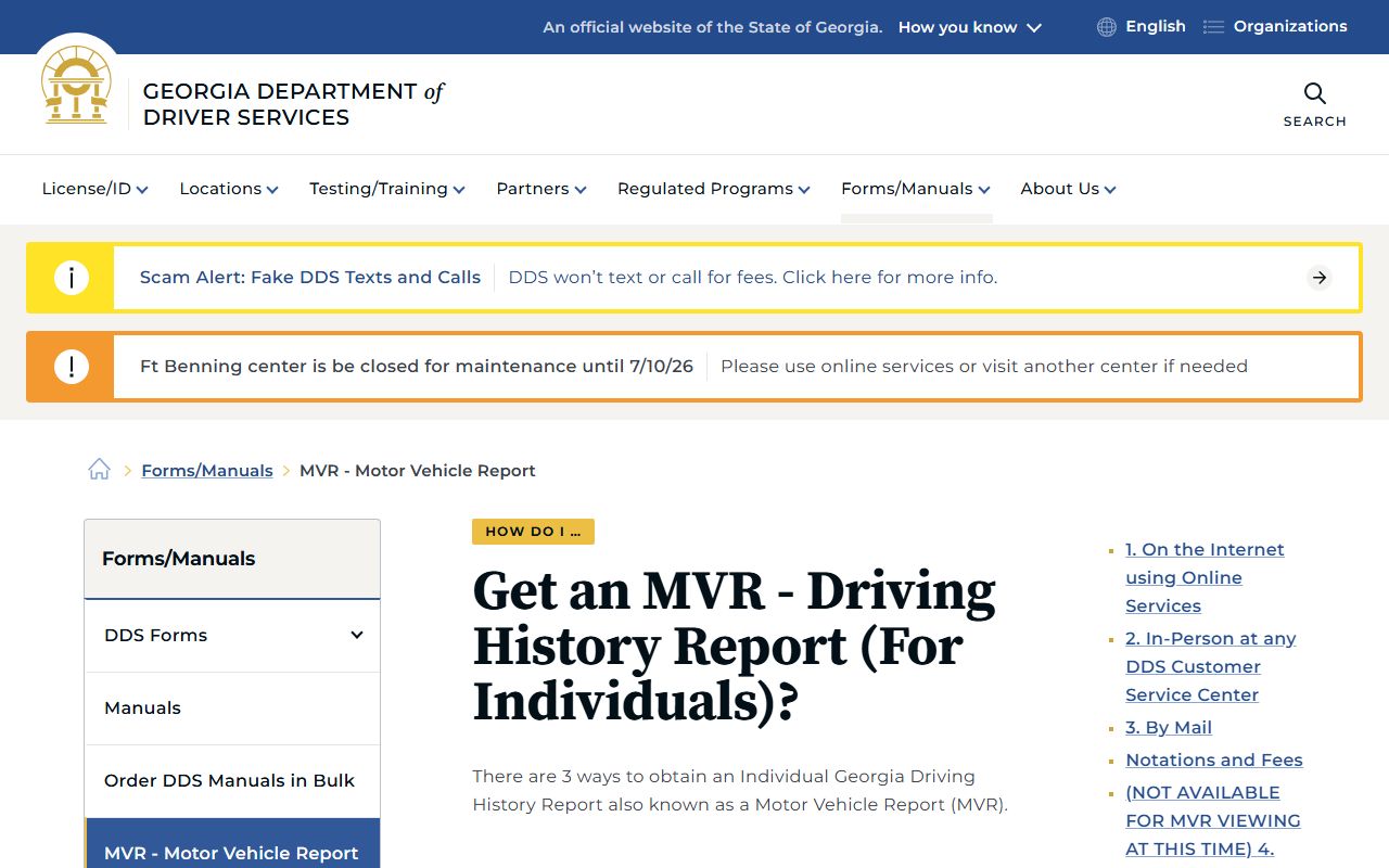 Quitman County traffic court records Georgia DDS MVR request options